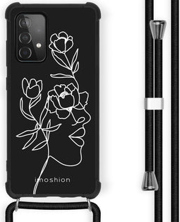 iMoshion Hoesje Geschikt voor Samsung Galaxy A52 (4G) / A52s / A52 (5G) Hoesje Met Koord - iMoshion Design Hoesje met Koord - Wit / Zwart / Woman Flower Black