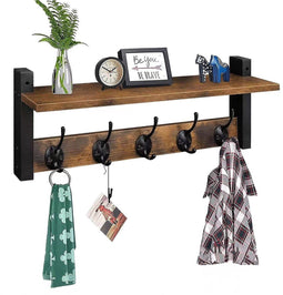 Luft Wandkapstok met Plank - 10 Haken - Zwart Staal & Hout