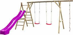 Swingking Houten Schommel Noortje | Schommelset met Glijbaan, Dubbele Schommel en Klimtouw | Schommel voor Buiten in de Tuin | FSC Hout - Glijbaan Violet