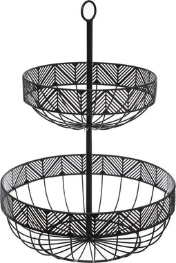 Dubbele etagere fruitschaal/fruitmand rond zwart metaal 30 x 42 cm - Fruitschalen/fruitmanden - Draadmand van metaal