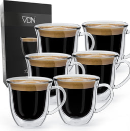 Dubbelwandige ESPRESSO glazen met oor van borosilicaat - Warme en koude dranken kopjes - 70 ML - Set van 6 - VDN