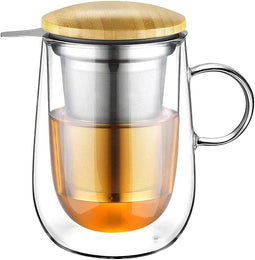 Dubbelwandige Glazen Mok met Handvat en Ultrafijn Theefilter - 430 ml, Hittebestendig Borosilicaatgl