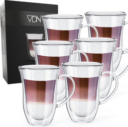 Dubbelwandige Koffieglazen Theeglazen met oor - 300 ML koffietassen - Set Van 6 Handgeblazen Cappuccino Latte Macchiato Glazen - VDN