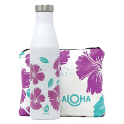 Mizu - 600 ml Slim Stainless Bottle | ALOHA Collection Splash Proof Small Pouch | Hibiscus Travel Se