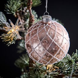 Kerstbal roze met witte glitter - glas - 8 cm - 2 stuks