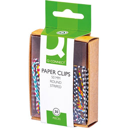 Q-CONNECT - Q-CONNECT papierklemmen, 50 mm, doos van 30 stuks, gestreept in wit en geassorteerde kleuren