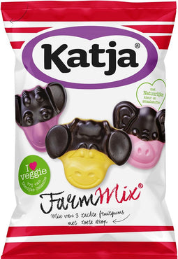 Katja - Katja Farm Mix snoep, mix van 3 zachte fruitgums met zoete drop, zak van 255 g