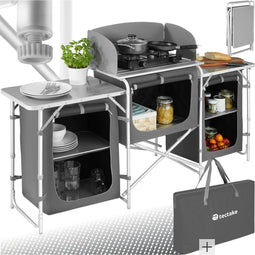 tectake® Campingkeuken - Opvouwbare Campingkast - Hittebestendig Werkblad - 172 x 52 x 104 cm - Grijs