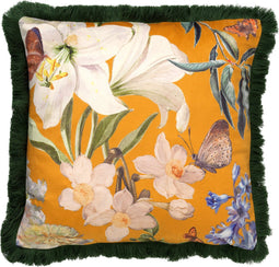 Dutch Decor HANNA - Kussenhoes 45x45 cm - bloemen - vlinders - franjes - Golden Glow - geel - met rits - zonder binnenkussen