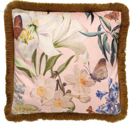 Dutch Decor HANNA - Sierkussen velvet - 45x45 cm - Dusty Pink - roze bloemen - vlinders - franjes - Inclusief binnenkussen