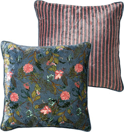 Dutch Decor MIKKY - Kussenhoes 45x45 cm - velvet - bloemen - provincial blue - blauw - roze - groen - streepjes - met rits - zonder binnenkussen