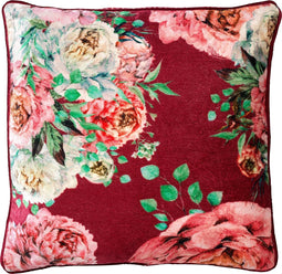Dutch Decor MINOU - Kussenhoes 45x45 cm - velvet - bloemen - red plum - roze - rood - groen - streepjes - met rits - zonder binnenkussen