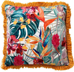 Dutch Decor TROPICANA - Sierkussen velvet 45x45 cm - Golden Glow - geel - bloemenpatroon - franjes - Inclusief binnenkussen