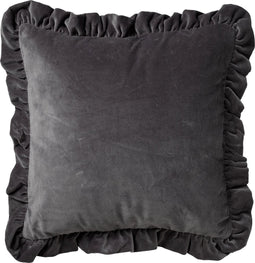 Dutch Decor YARA - Kussenhoes 45x45 cm - 100% katoen - velvet - met ruches - Charcoal Gray - antraciet - met rits - zonder binnenkussen