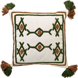 Dutch Decor ZITA - Sierkussen katoen 45x45 cm - Chive - groen / wit / bruin - Kussen met flosjes - Inclusief binnenkussen