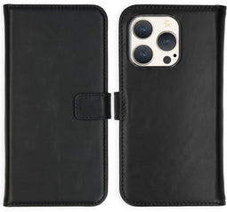 Selencia iPhone 15 Pro - Echt Lederen Bookcase - 3 Pashouders - Zwart