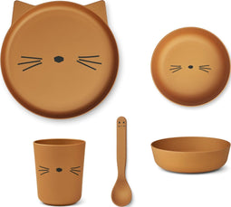 Liewood Brody Kinder serviesset - Bord, drinkbeker, kom en lepel - Cat Golden Caramel