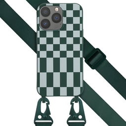Selencia Hoesje Geschikt voor iPhone 13 Pro Hoesje Met Koord - Selencia Siliconen design hoesje met afneembaar koord - Groen / Irregular Check Green