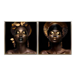 Schilderij Home ESPRIT Zwart Gouden Afrikaanse 80 x 3,5 x 80 cm (2 Stuks)