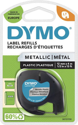 DYMO LetraTag metallic labels | Origineel | Zwarte afdruk op metallic zilver | 12 mm x 4 mm | Zelfklevende multifunctionele labels voor LetraTag labelmakers
