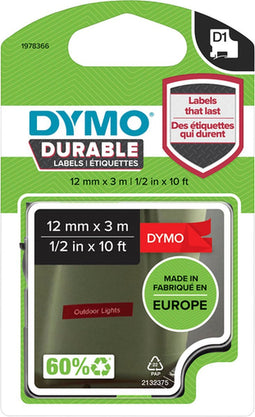 DYMO originele D1 Duurzame labels | Witte Tekst op Rood Label | 12 mm x 3 m | zelfklevende etiketten voor de LabelManager labelprinter | gemaakt in Europa