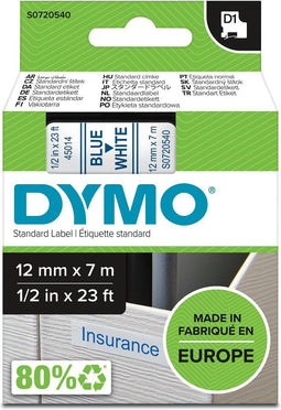 DYMO originele D1 labels | blauwe afdruk op witte tape | 12 mm x 7 m | zelfklevende labels voor de LabelManager labelmaker | gemaakt in Europa