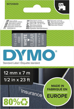 DYMO originele D1 labels | witte afdruk op transparante tape | 12 mm x 7 m | zelfklevende labels voor LabelManager labelmakers | gemaakt in Europa