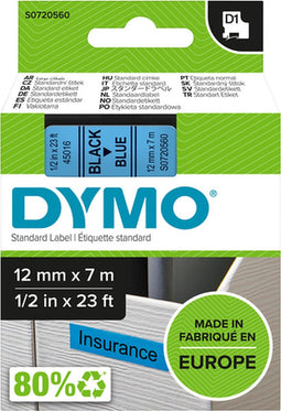 DYMO originele D1 labels | zwarte afdruk op blauwe tape | 12 mm x 7 m | zelfklevende labels voor de LabelManager labelmakers | gemaakt in Europa