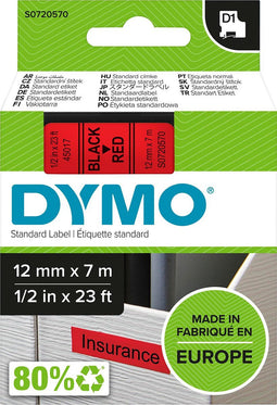 DYMO originele D1 labels | zwarte afdruk op rode tape | 12 mm x 7 m | zelfklevende labels voor de LabelManager labelmaker | gemaakt in Europa