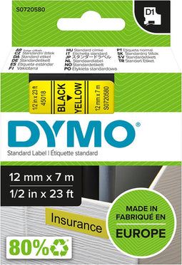 DYMO originele D1 labels | Zwarte opdruk op gele tape | 12 mm x 7 m | Zelfklevende etiketten voor LabelManager-labelmakers | Gemaakt in Europa