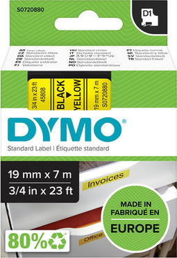 DYMO originele D1 labels | Zwarte Tekst op Geel Label | 19 mm x 7 m | Zelfklevende etiketten voor de LabelManager labelprinter | gemaakt in Europa