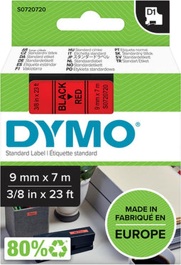 DYMO originele D1 labels | Zwarte Tekst op Rood Label | 9 mm x 7 m | zelfklevende etiketten voor de LabelManager labelmaker | gemaakt in Europa