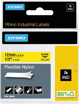 DYMO Rhino industriële Flexibele Nylon Labels | 12 mm x 3,5 m | zwarte afdruk op geel | zelfklevende labels voor Rhino & LabelManager labelprinters