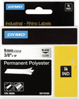 DYMO Rhino industriële labels | Permanent Polyester | 9 mm x 3,5 m | zwarte afdruk op transparant | zelfklevende labels voor Rhino & LabelManager labelprinters
