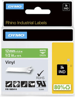 DYMO Rhino industriële Vinyl Labels | 12 mm x 5,5 m | witte afdruk op groen | zelfklevende labels voor Rhino & LabelManager labelprinters
