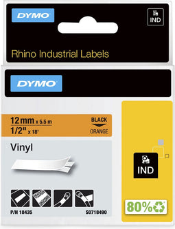 DYMO Rhino industriële Vinyl Labels | 12 mm x 5,5 m | zwarte afdruk op oranje | zelfklevende labels voor Rhino & LabelManager labelprinters