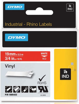 DYMO Rhino industriële Vinyl Labels | 19 mm x 5,5 m | witte afdruk op rood | zelfklevende labels voor Rhino & LabelManager labelprinters