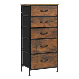 Woltu Ladekast met 5 Lades van Stof - Metalen Frame en Hout - Vintage Zwarte Look - 45x95x30 cm