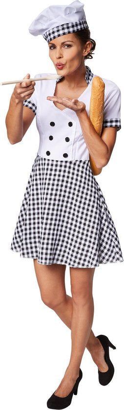 Dressforfun Vrouwenkostuum - Chef-kokkin - Korte jurk met koksmuts - (S)
