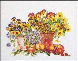Thea Gouverneur - Borduurpakket met telpatroon - 2083 - Voorgesorteerde DMC Garens - Viooltjes - Linnen - 40 cm x 50 cm - DIY Kit