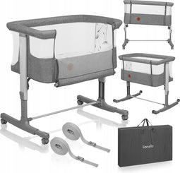 Lionelo Aurora 3-in-1 Co-sleeper - Babybedje tot 9 kg - Verstelbare Hoogte - 4 Wielen met Rem - Ademend Gaas - Inclusief Matras & Transporttas - Grijs