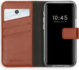 Selencia Hoesje Geschikt voor iPhone 12 Mini Hoesje Met Pasjeshouder - Selencia Echt Lederen Bookcase - Lichtbruin