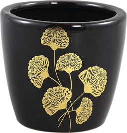 PTMD Dalina Ronde Pot Ginkgo Blad - H12,5 x Ø14 cm - Keramiek - Zwart