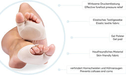 Gel Voorvoetbandage Gevoerd mt. 40-44 - 4 paar - 4 x Rechts en 4 x Links - Elastische tricot - Ontlasting bij hoge hakken - Pijnverlichting en Drukontlasting bij Spreidvoet, Balpijn, voorkomt Eeltvorming en Kippenogen in de Voorvoet