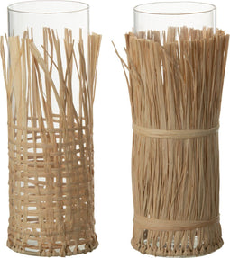 J-Line Vaas Vlecht Glas/Raffia Transparant Large Assortiment Van 2 - Bloemenvaas 26.00 cm hoog