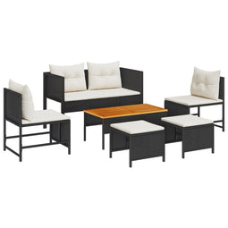 vidaXL - 6-delige - ligbed - set - met - kussens - zwart - poly - rattan