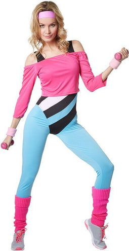Dressforfun Aerobicster L - Verkleedkostuum - Jaren '80 stijl - Zwart/lichtblauw/roze