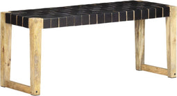 vidaXL - Bankje - 110 - cm - echt - leer - en - massief - mangohout - zwart