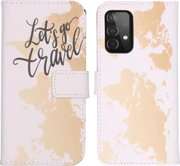 iMoshion Hoesje Geschikt voor Samsung Galaxy A52 (5G) / A52s / A52 (4G) Hoesje Met Pasjeshouder - iMoshion Design Softcase Bookcase - Wit / Meerkleurig / Goud / Let's Go Travel White