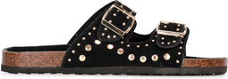 PS Poelman EMMIE - Dames Sandalen - Zwarte Suède met Gouden Details - Hakhoogte 2.5 cm
